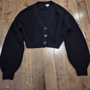 H&M Black Cropped Ribbed Button-Up Cardigan